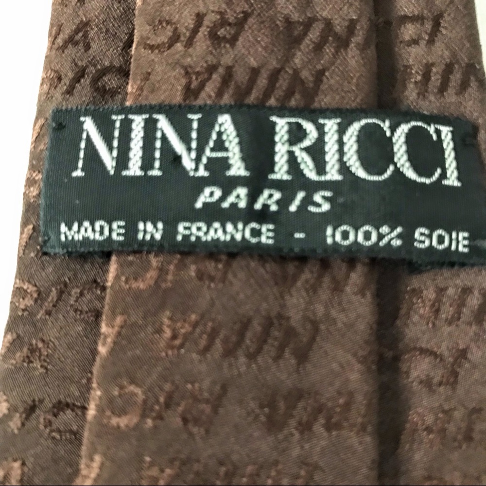 NINA RICCI Silk Tie Dark Brown Logo Narrow